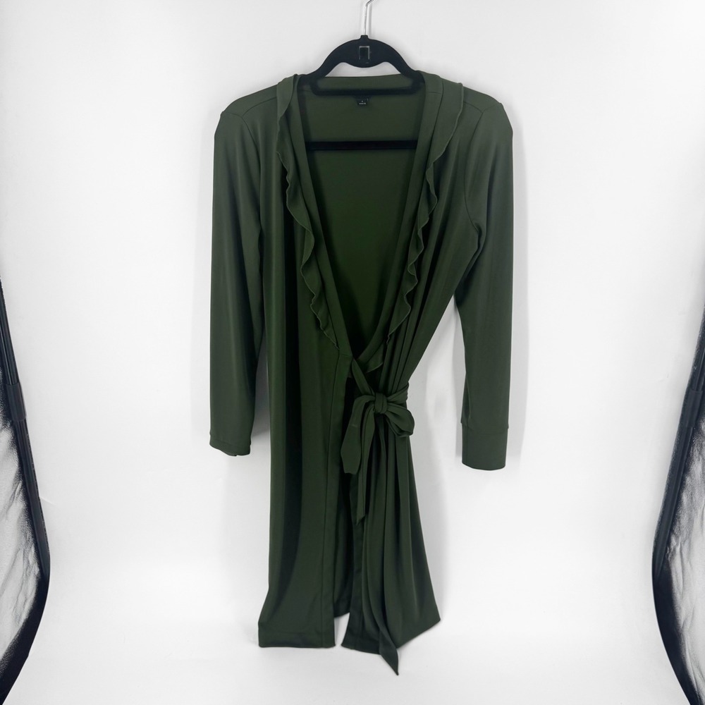 Ann Taylor Olive Green Ruffle Neck Wrap Dress Long Sleeve Stretch Jersey 4